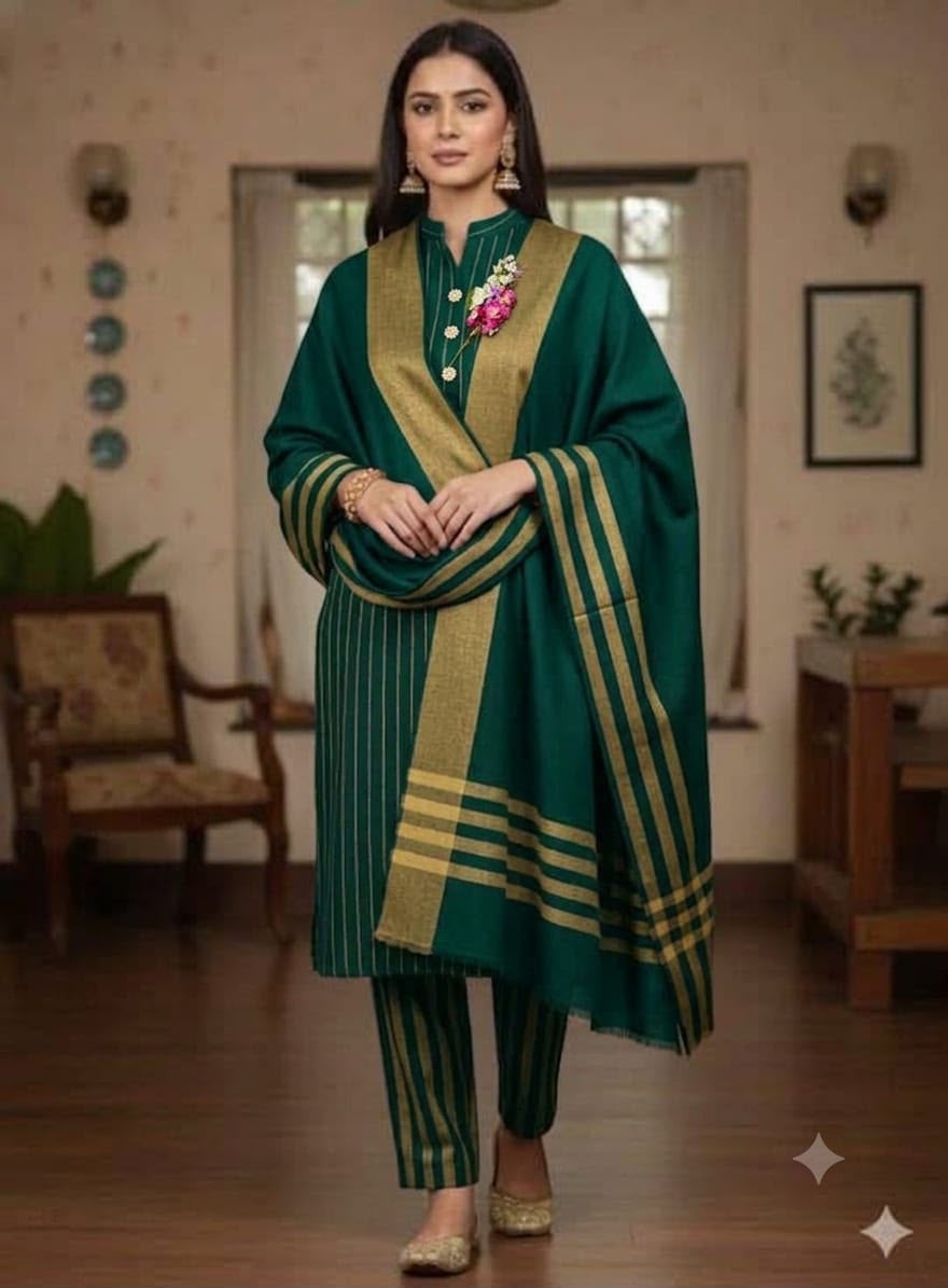 Emerald Green & Golden Khaddar 3-Piece Suit