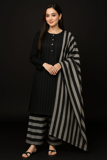 Black & Grey Khaddar 3-Piece Suit