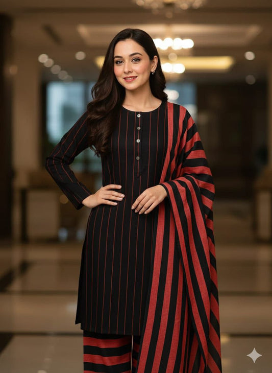 Red & Black Khaddar 3-Piece Suit ✨